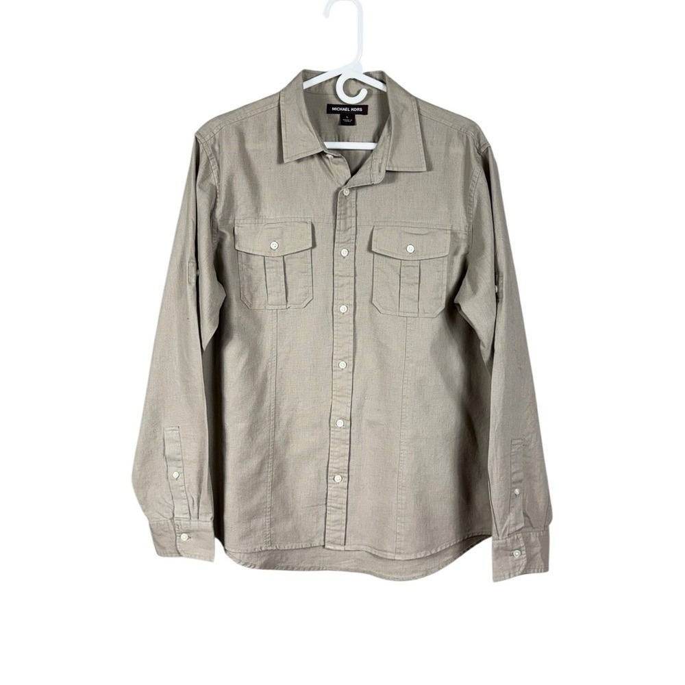 Michael Kors Mens Linen Cotton Safari Button Up Shirt Large Classic Staple - Picture 3 of 8